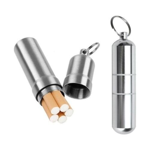 Silver Aluminum Alloy Cigarette Box Waterproof Cigarete Case Pill Toothpick Capsule Holder with Keychain Mens Gift