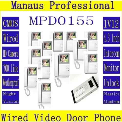 One Camera to Twelve 4.3'' Display Screen Interphone Access Control System D155b,Wired Monitor Apartment Video Intercom Doorbell