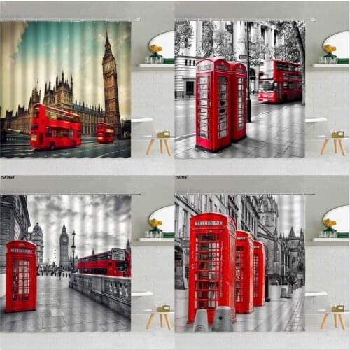 Landmark Building Red Phone Booth Bus Shower Curtain 3D London Retro Architecture Big Ben Bathroom Decor Supplies Cloth Curtains