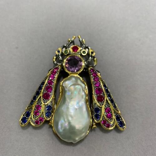 Baroque natural fresh water pearl brooch pendant double use 925 sterling silver insect brooch semi-precious stone 7*6CM fashion