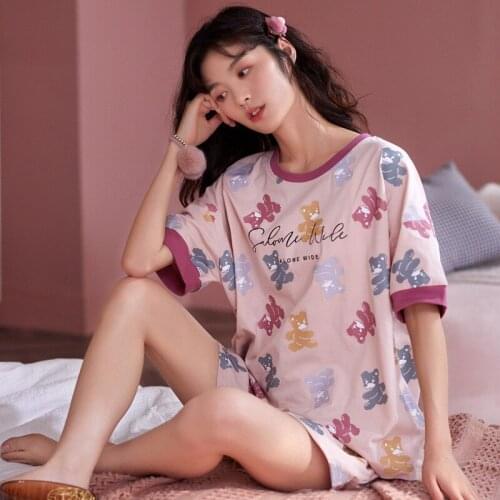 Full Cotton Ladies Sleepwear Cartoon Cute Pajamas Set New Short Sleeve Summer Home Clothes Girls Nightwear Pijamas Women