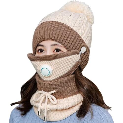 Women Autumn Winter Warm Knitted Beanie Cap Face Cover Neck Scarf Outdoor Set