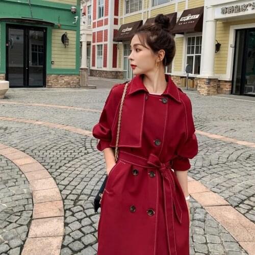 Plus Size Red Hepburn Windbreaker Women Mid-long Spring Autumn Popular Tide Double Breasted Trench Coat Female Outcoat Belt