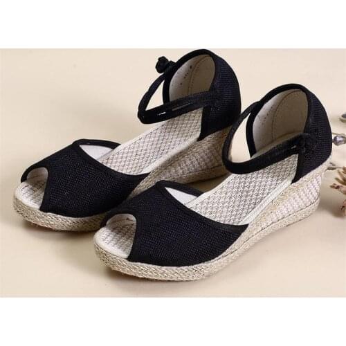 YourSeason Handmade Ladies Plain Linen Peep Toe Shoes Wedge Espadrilles Comfort Bohemian Women Summer Sandals Platform 5cm Heel