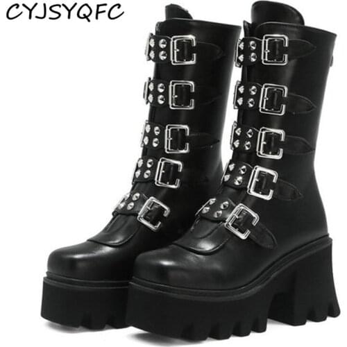 CYJSYQFC Autumn Winter Women Mid Calf Boots Round Toe Buckle Strap Back Zip Platform Shoes Punk Goth Style Woman Demonia Boots
