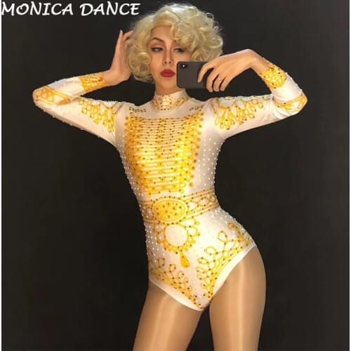 Women Sexy White Bodysuit Gold Sparkling Crystal DJDS Jumpsuit Nightclub Party Stage Wear for Female Dancer Singer Bling Costume