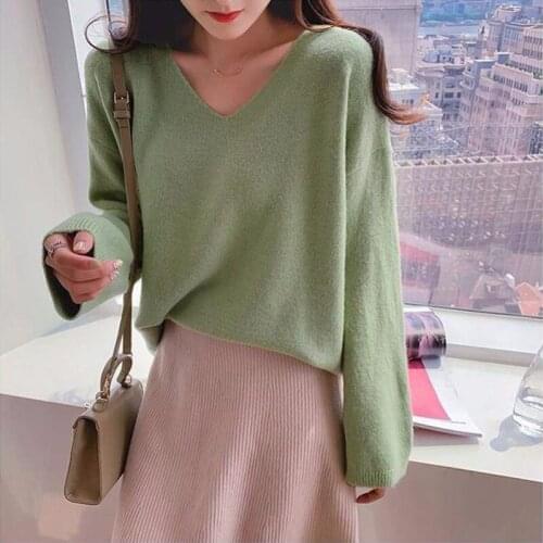 Women Spring Summer Style Knitted Sweater Pullovers Lady Casual V-Neck Loose Style Long Sleeve Pullovers Tops ZZ0020