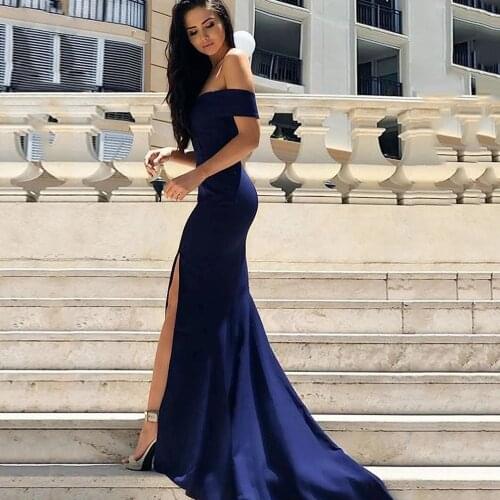 Elegant Mermaid Evening Dresses Long Luxury 2022 Women Off Shoulder Sleeveless Dark Blue Prom Dress With Side Split Ball Gowns