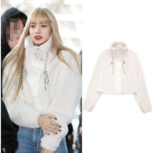 Kpop Korean Celebrity Winter fashion white short Coat Women Long Sleeve Stand Collar Cashmere Warm Jacket ladies Thick Outerwear