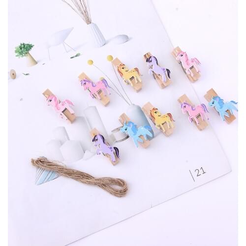 10pcs Unicorn DIY Photo Clips Handmade Cartoon Unicorn Wooden Picture Clips for Unicornio Party Supplies Birthday Decorations