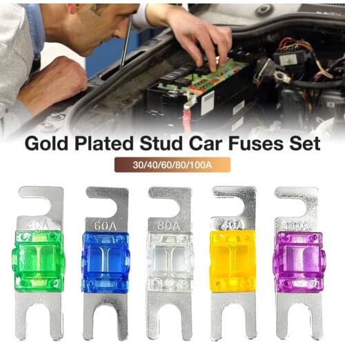 5Pcs ANL Gold Plated Stud Car Fuses Mini Car Stereo Audio AFS Fuse 30A 40A 60A 80A 100A 32V Car Auto Fuse Fuses Set