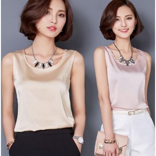 Women 2021 Summer Elegant Blouse Office Tunic Satin Blouse Female Fashion Basic Tops Ladies O-Neck Sleeveless Camisole Vest R22