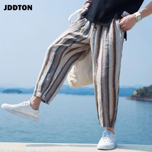 JDDTON Mens Cotton Linen Casual Literary Pants National Style Traditional Hip Hop Joggers Streetwear Loose Harem Trousers JE671