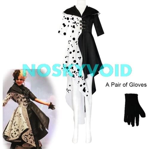 Cruella Cosplay Dresses Cruella De Vil Costumes Womens Spotted Dress 101 Dalmatians Halloween Performance Costume