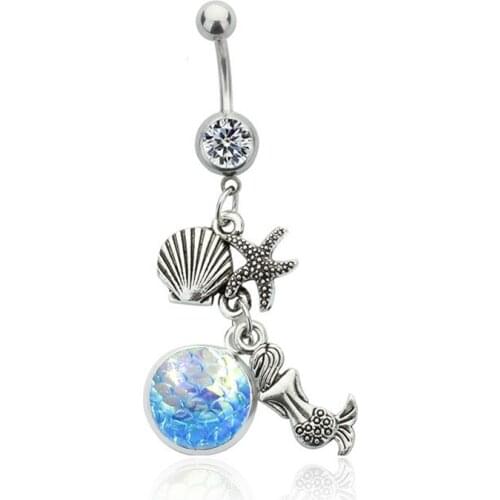 1PC 316L Stainless Steel Blue Mermaid Dangle Belly Rings Crystal Navel Bars Belly Button Ring Navel Piercing Jewelry Neylanly