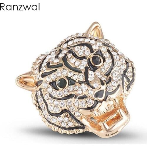 Ranzwal Big Tiger Rings for Women Full Rhinestones Enamel Finger Ring Party Statement Jewelry US SIZE 6~9