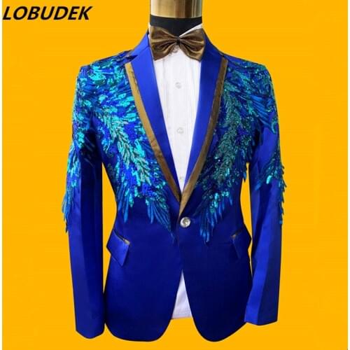 Formal Mens Blue Sequins Suit Male Singer Chorus Performance Blazers Pants Set Evening Party Stage Host Costume Wedding Suits