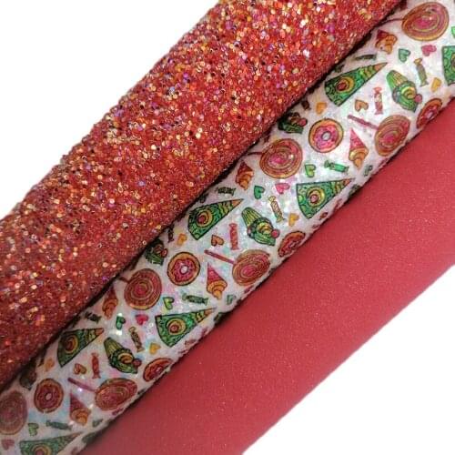 Red Glitter leather, Ice Cream Printed Glitter synthetic leather, Suede Faux Leather Sheets For Bow 21x29CM Twinkling Ming KM650