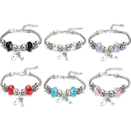 Hot Sale Key Heart-lock Shape 6 colors Charm Bracelets For Women Girl Glass Beads Brand Bracelet & Bangle DIY Jewelry Gifts