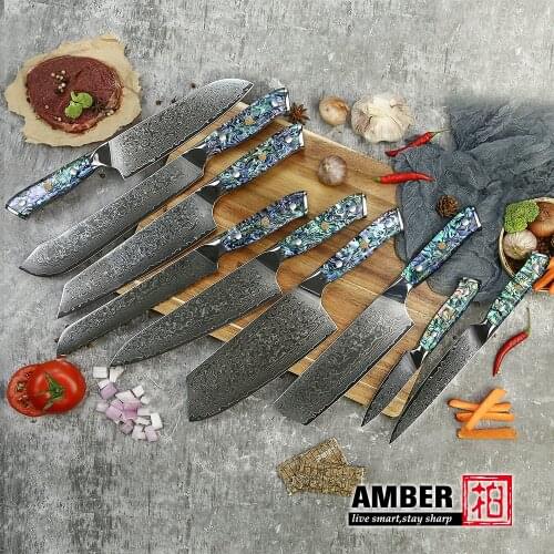 Amber Damascus Knife Professional Kitchen Chef Utility Santoku Steak Boning Cleaver Knives Japanese knife Abalone Shell Handle