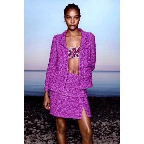 Timeless Fuschia Violet Iconic Embossed Logo Button Flap Pocket Tweed Formal Jacket Single Breasted Mix Crochet Tailored Blazer