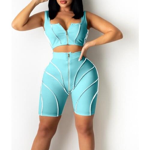 Sexy Women Two Piece Sexy Sleeveless Strap Top and Splicing Shorts Suits Casual Sport Outfit Plus Size Fashion Zipper Set