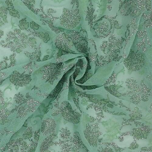 Mesh fabric with flower flocking and bronze printing for garment tulle dance clothing textile custom elastic fashion knit