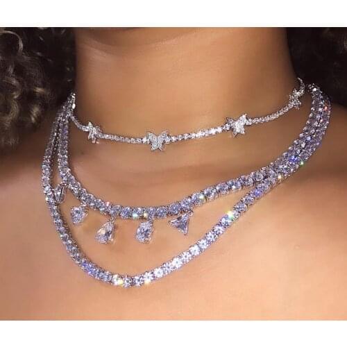 Trendy New Crystal cz heart charm Pendant Necklace for Women Shiny cz Tennis Chain Necklace Statement hip hop Jewelry Party