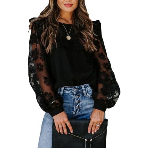 Woman Mesh Patchwork Long Sleeve Blouse Black Lace Bubble Sleeve Pullover Tops Elegant Blouse O-neck Shirts Female Casual Blusas