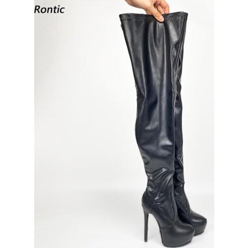 Rontic Women Winter Platform Thigh Boots Faux Leather Full Side Zipper Stiletto Heels Round Toe Black Club Shoes US Size 5-20