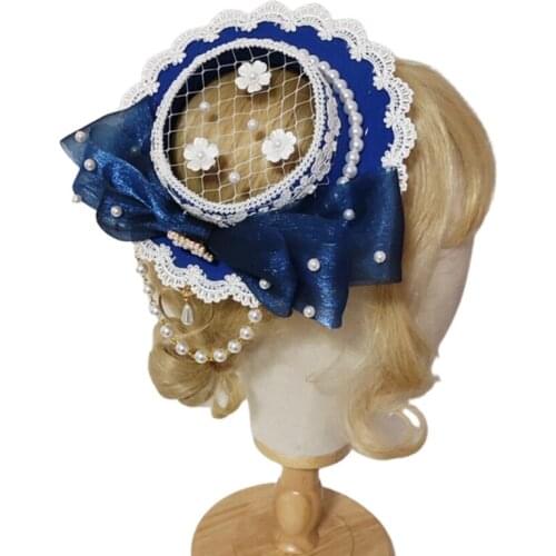 Womens Lolita Handmade Headdress Fashionable Flower Shape Pearl Lace Ribbon with Clamps Fixed Hats Elegant Party Cap X7XC
