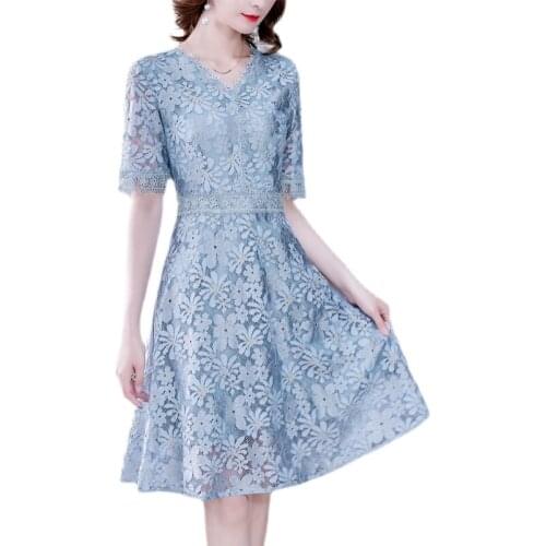 2021 New Summer Women V-Neck Short Sleeve Slim Mini Dress High Quality Sweet Flowers Light Blue Lace Dress