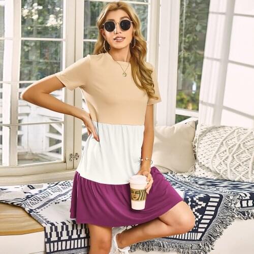 Women Short Sleeve Loose Patchwork Print Midi Dress Summer O-Neck Casual Clothing Ladies Elegant Casual Beach Party Dresses New