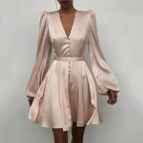 Women Plain Puff Sleeve Ruffled Dress Button Long Sleeve V Neck Dress Sexy Slim Womens Summer Sundress Vestido Festa #G3