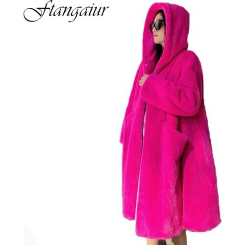 Ftangaiur 2019 Winter Import Velvet Mink Fur Coat With Fur Hood Rose red Mink Coat Womens X-Long Natural Real Mink Fur Coats
