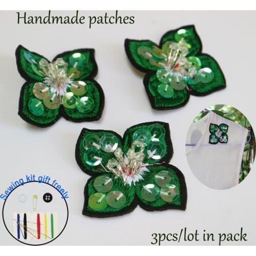 3pc/lot Handmade flower rhinestone beaded patches for clothing DIY sew patch embroidered applique decorative sequins Parches