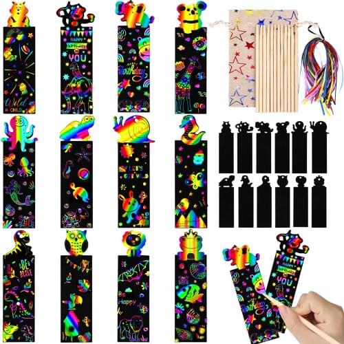 48pc Animal Rainbow Scratch Bookmarks Paper Art Bookmarks DIY Craft Tags Party Decor Supplies Educational Toy gift for Kid Child