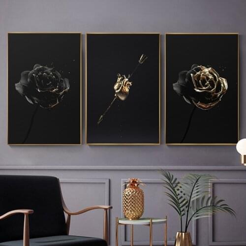 Abstract Black Golden Flower Art Canvas Painting Nordic Poster and Print Wall Picture for Living Room Interior Modern Home Decor