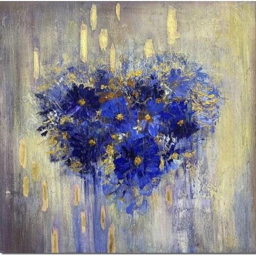 Handmade Abstract Oil Paintings Flower Gold Blue Contemporary Artwork on Canvas Modern Living Room Wall Decor Large Square