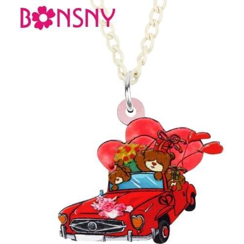 BONSNY Valentines Day Acrylic Lovely Red Heart Bear Doll Car Necklace Pendant Fashion Novelty Charms Jewelry For Women Girls