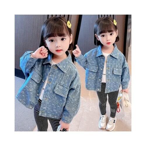 Childrens Girls Jacket 2021 Autumn New Korean Jacket Girls Cartoon Print Denim Coats Baby Girls Fashion Turn Down Jackets 2-7Y