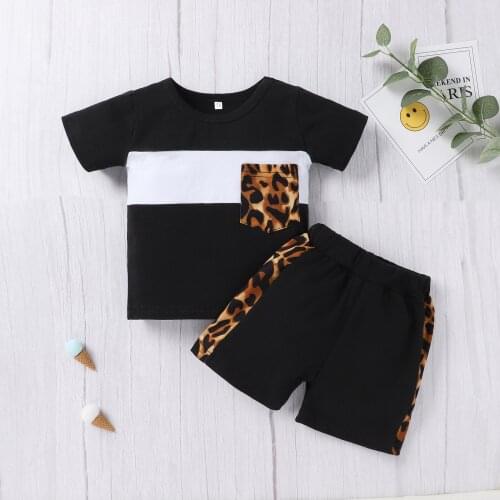Kids Baby Boys Leopard Print Clothes Set Short Sleeve Cotton T-shirt with Pocket+Elastic Waist Shorts Summer Little Kids Outfits