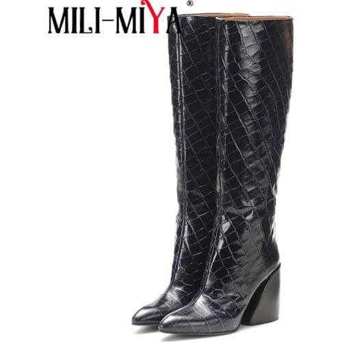 MILI-MIYA Fashion Women Knee High Boots Microfiber Pointed Toe Square Heels Solid Color Motorcycle Shoes Large Size 35-48