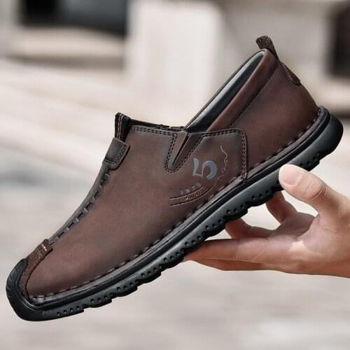 2021 Men Shoes Split Leather Casual Shoes Handmade Lace-up Men Loafers Comfort Walking Shoes Men Flats Moccasins Shoes BIg Szie