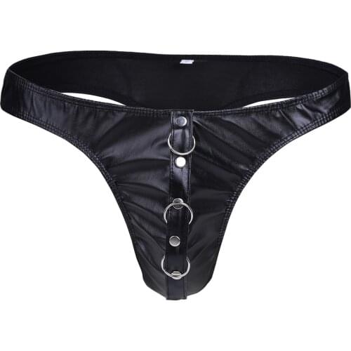 Mens Lingerie Faux Leather Bikini Underwear Front O-rings G-string T-back Thongs Briefs Low Rise Elastic Waistband Underpants