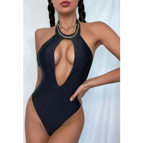 New 2021 Solid Halter Padded One Piece Swimsuit Women Hollow Out Swimwear Female Backless Monokini Bather Bathing Suit Swim Lady