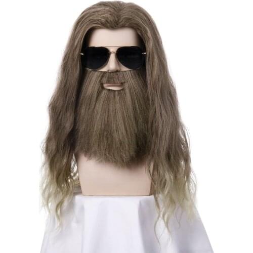 Wig for Men Wig and Beard Long Wavy Synthetic Cosplay Wig Mixed Color Halloween Party Costume