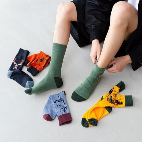 Popular Pattern Socks Mens Trendy Socks Mid-Tube Autumn And Winter Mens Socks Cotton Animal Sketch Personality Original New AW