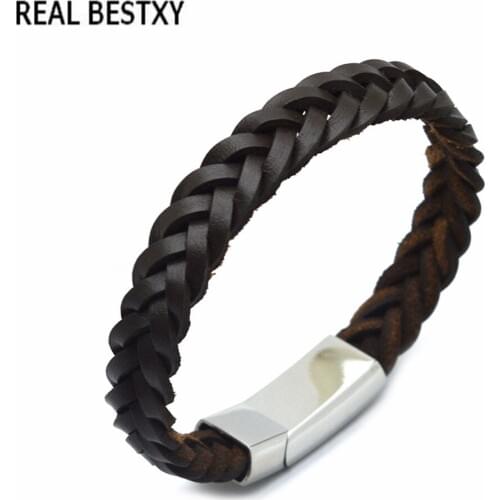 REAL BESTXY free engrave logo real leather bracelets bangle with genuine leather bangle with magnetic clasp stainless steel