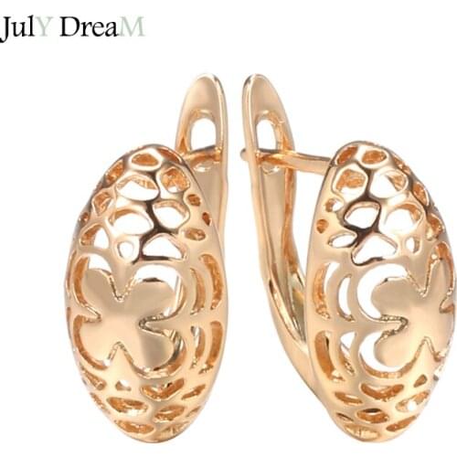 585 Rose Gold Four Leaf Clover Clip Earrings Natural Metal Vintage Hollow Oval Drop Earrings Women Fashion Simple Party Jewelry